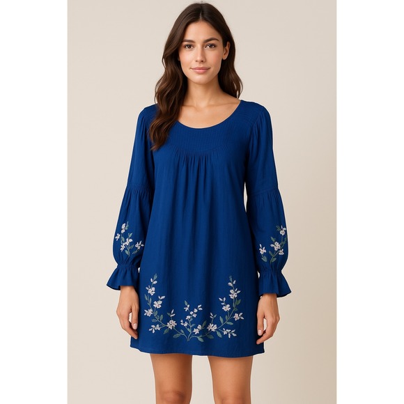 Roller‎ Rabbit blue floral embroidered long sleeves tunic dress XS boho summer - Picture 1 of 7